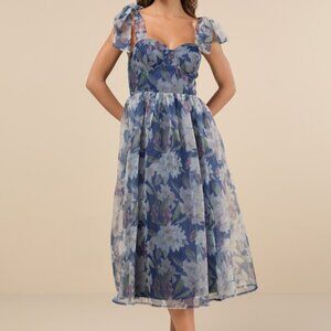 Lulus Exceptionally Marvelous Blue Floral Organza Bustier Midi Dress - Size L